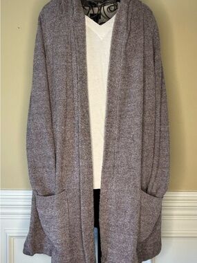 Barefoot Dreams CozyChic Lite Resort Cardigan With Hood Ash/Pewter Size 2XL NWT
